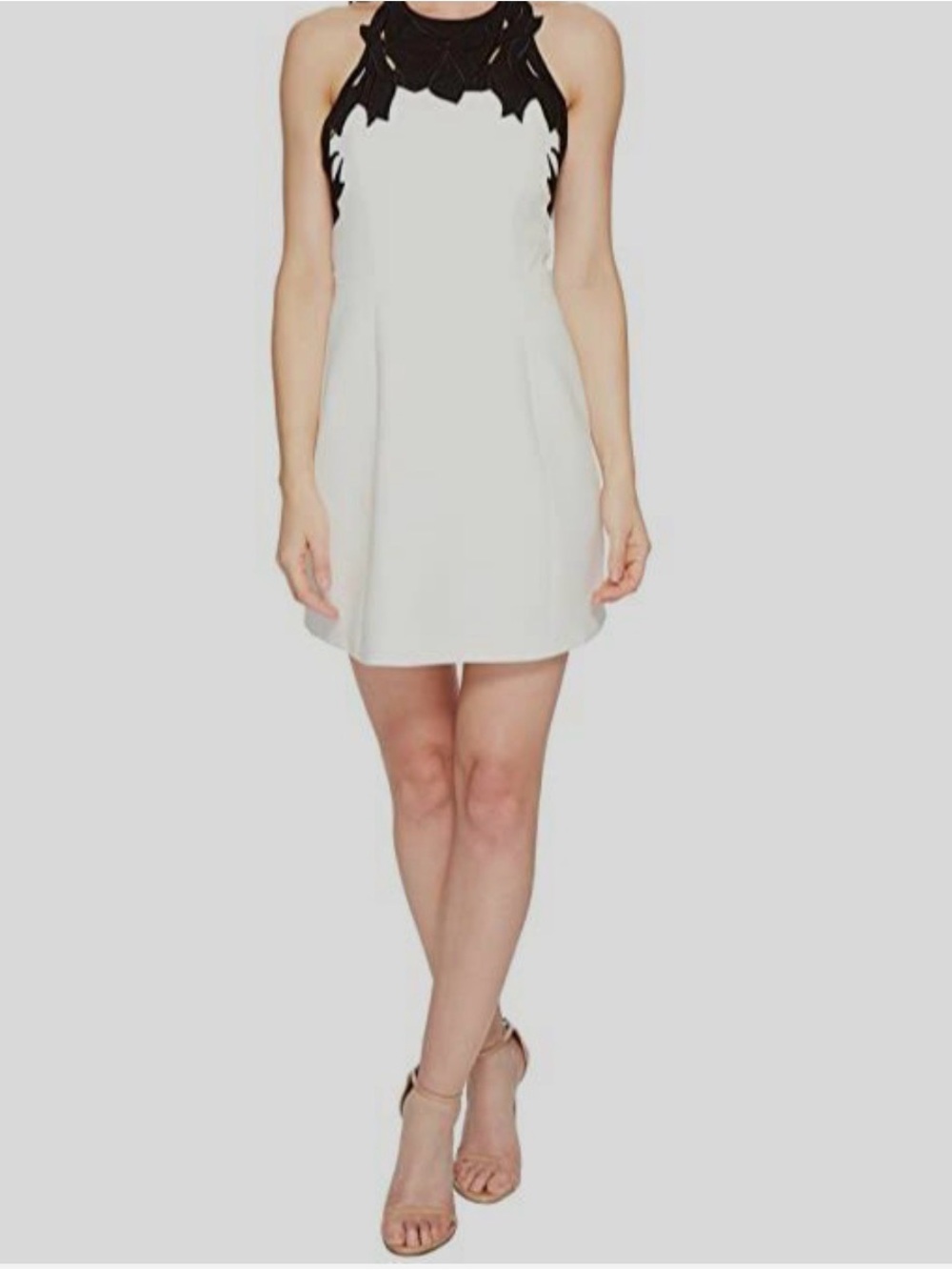 Halston Heritage White Mini Dress with Black Laser-Cut Yoke